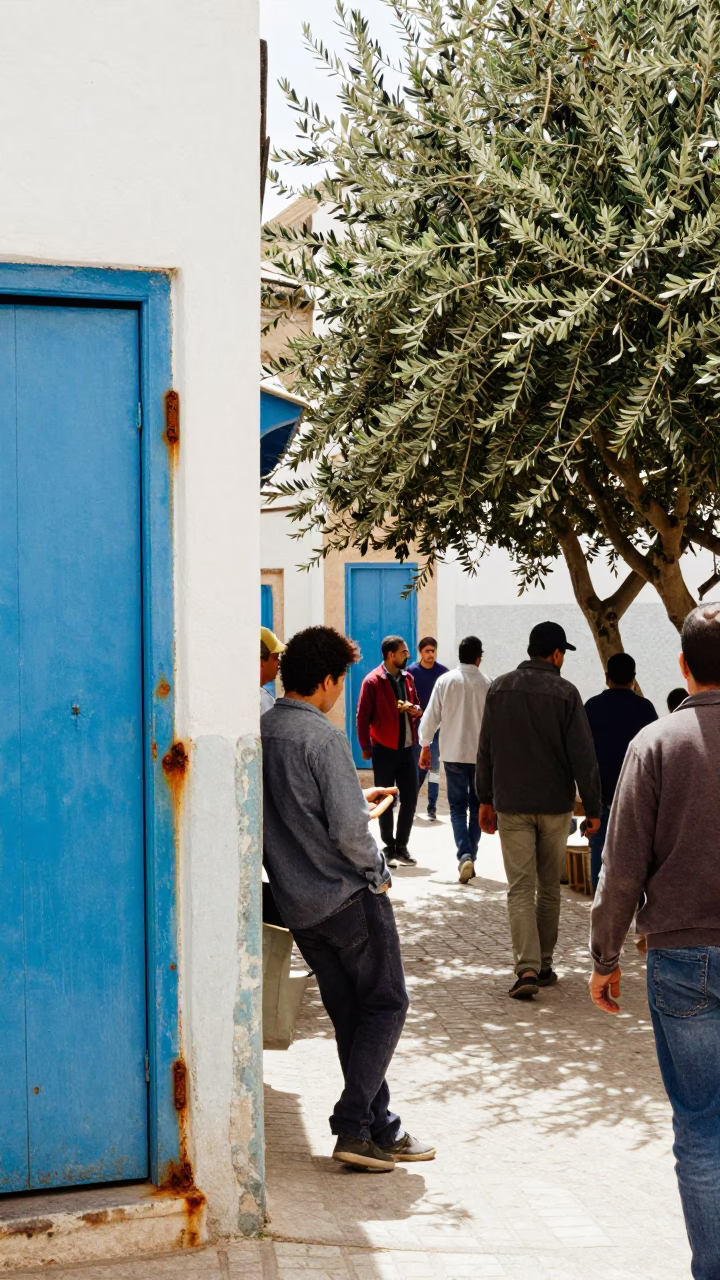 Busy Street Scene in Essaouira Morocco with Rust and Olive Branches in in Essaouira, Morocco