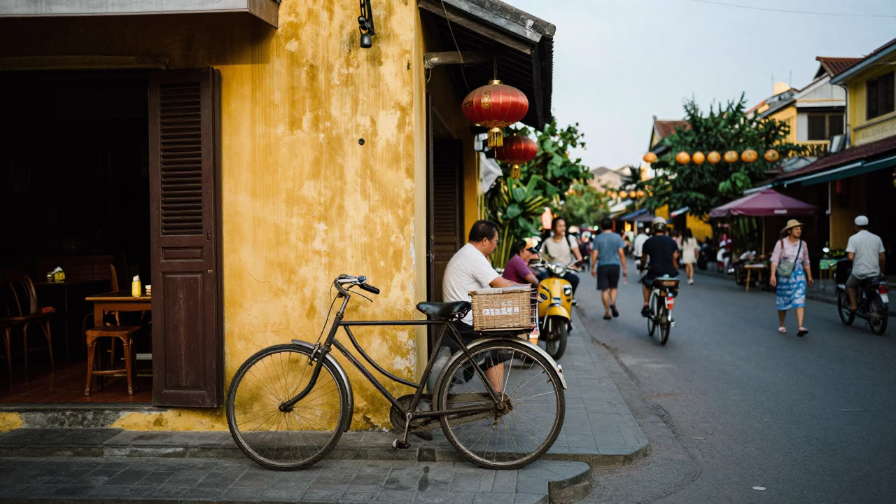 Busy Street Scene in Hoi An Vietnam Late Morning with Bicycle and Local Life in in Hoi An, Vietnam