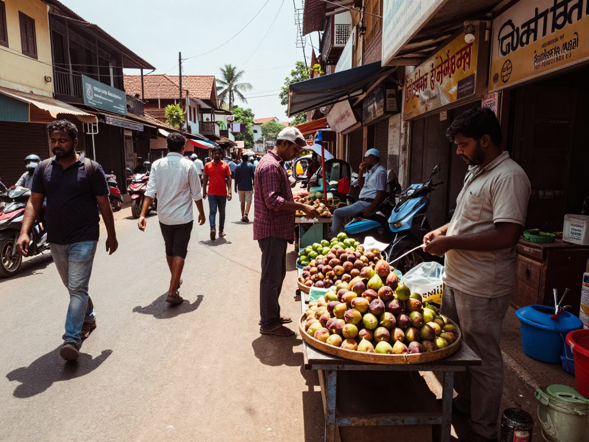 Busy street scene in Kochi India midday with vendors and pedestrians in in Kochi, India