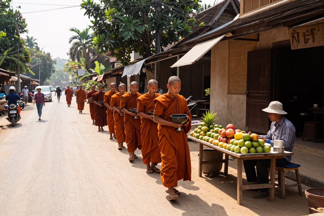 Busy street scene in Luang Prabang Laos midday with monk alms and traditional activity in in Luang Prabang, Laos