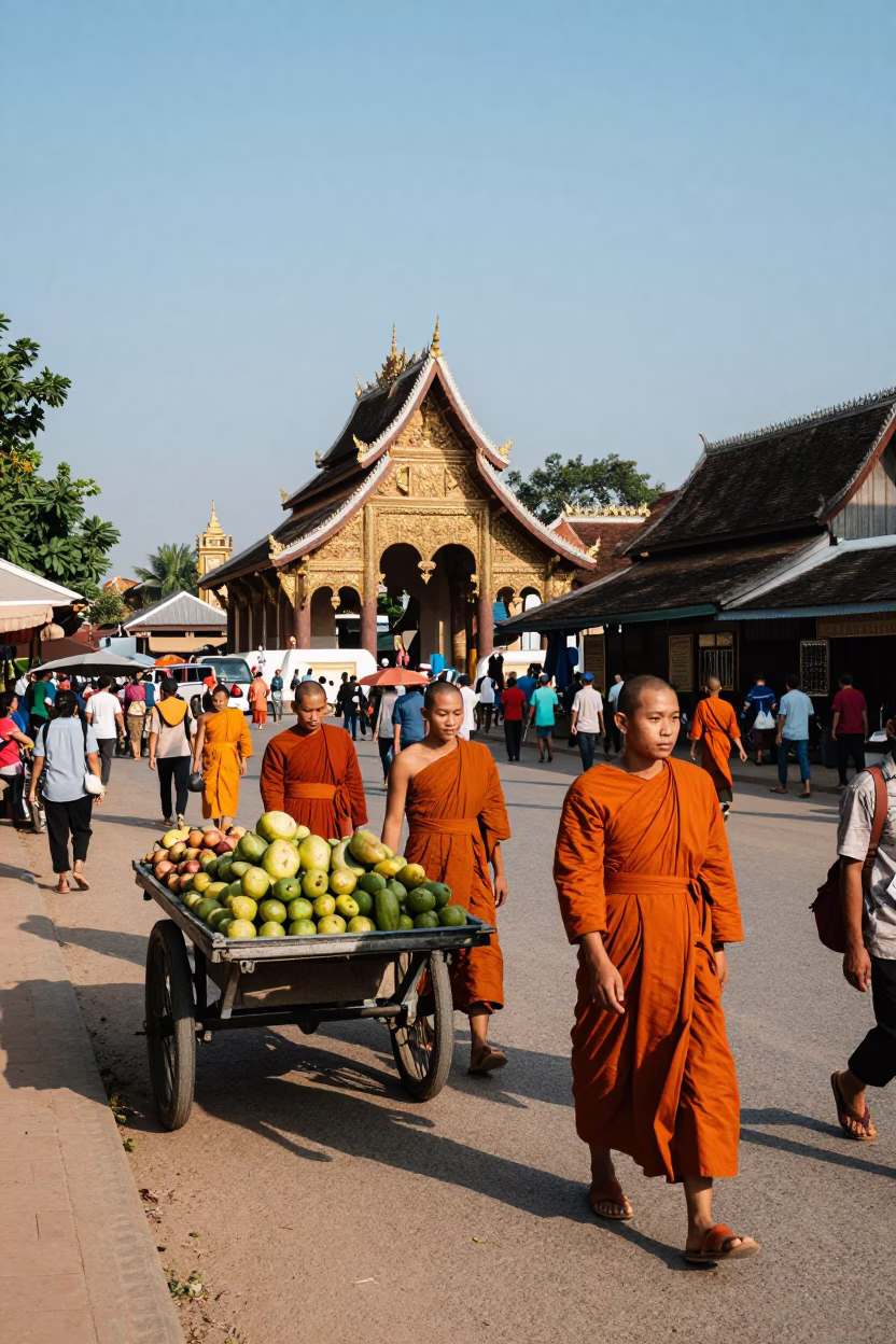 Busy street scene in Luang Prabang Laos with monks and locals in late afternoon in in Luang Prabang, Laos