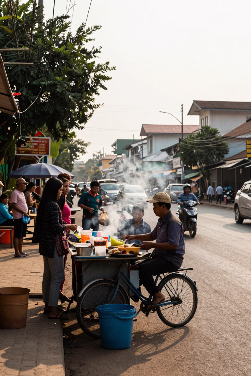 Busy Street Scene in Phnom Penh Cambodia Early Afternoon with Food Vendor and Traffic in in Phnom Penh, Cambodia