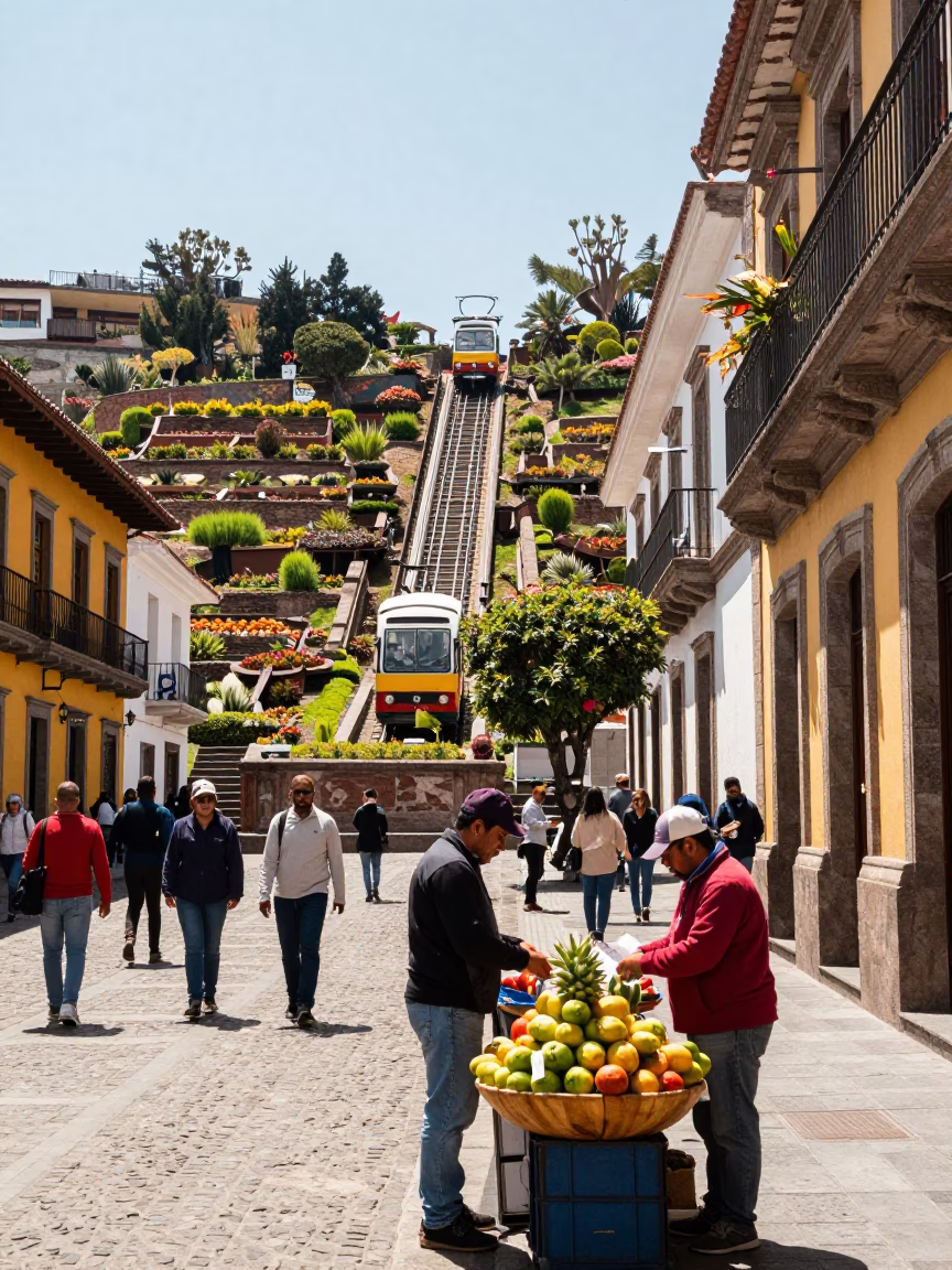 Busy Street Scene in Quito Ecuador Midmorning Light with Funicular and Local Activity in in Quito, Ecuador