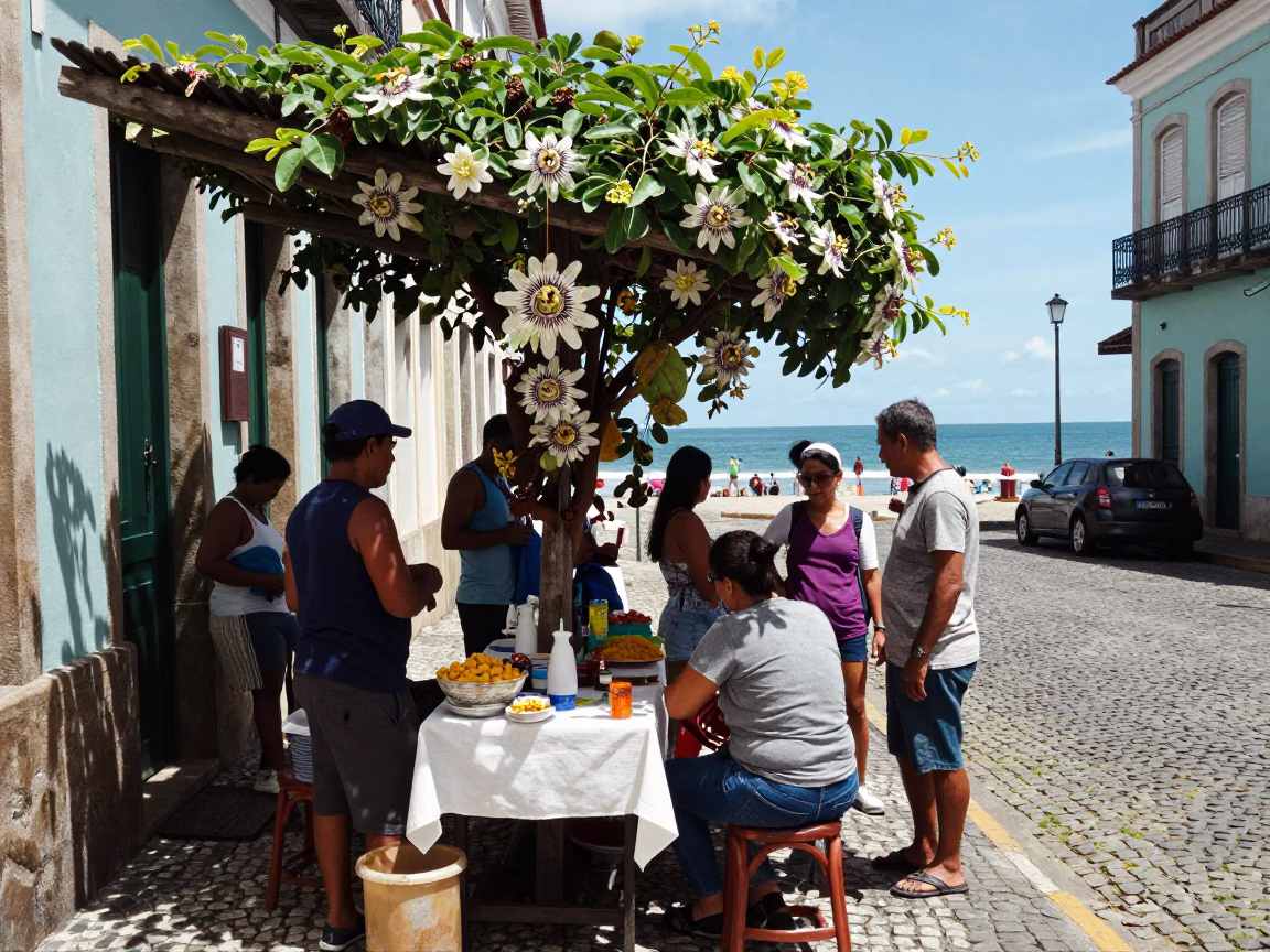 Busy Street Scene in Salvador Brazil with Passion Flower and Coastal Sailboats in in Salvador, Brazil