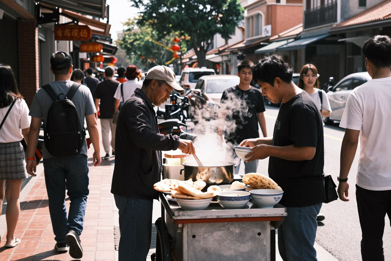 Busy street scene in Tainan Taiwan with traditional snacks and pedestrians in in Tainan, Taiwan