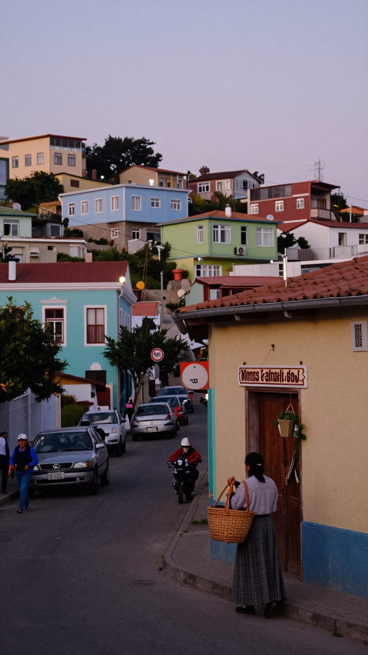 Busy street scene in Valparaiso Chile early evening with local life and colorful architecture in in Valparaiso, Chile