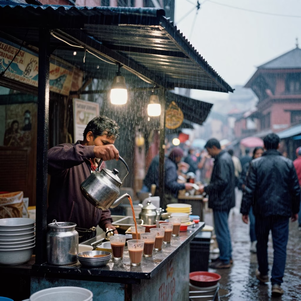 Busy street tea stall in Kathmandu Nepal during light rain at dusk in in Kathmandu, Nepal