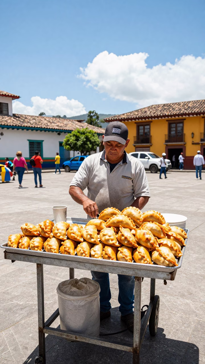 Busy Street Vendor in Medellin Colombia Selling Golden Empanadas in Bright Midmorning Light in in Medellin, Colombia