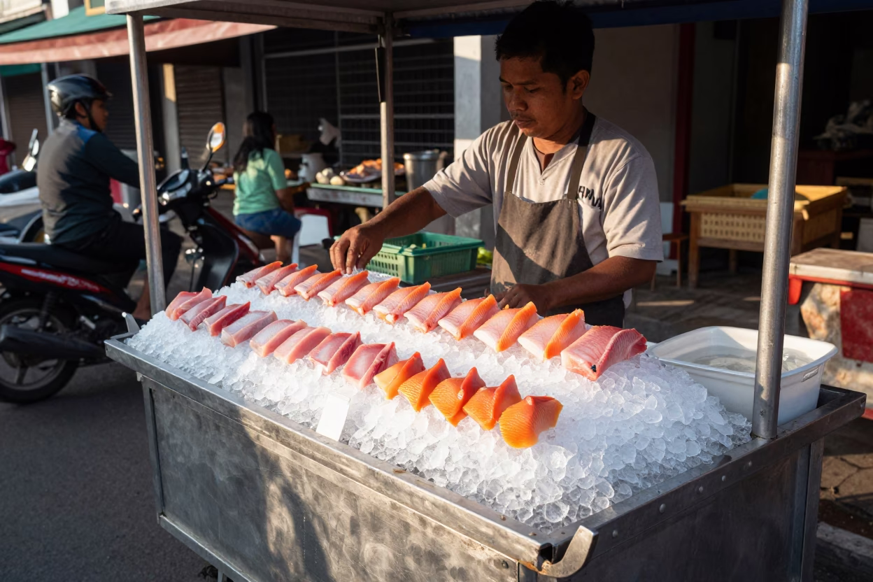 Busy Street Vendor Serving Fresh Sashimi on Ice in Denpasar Bali Indonesia Early Afternoon in in Denpasar, Indonesia