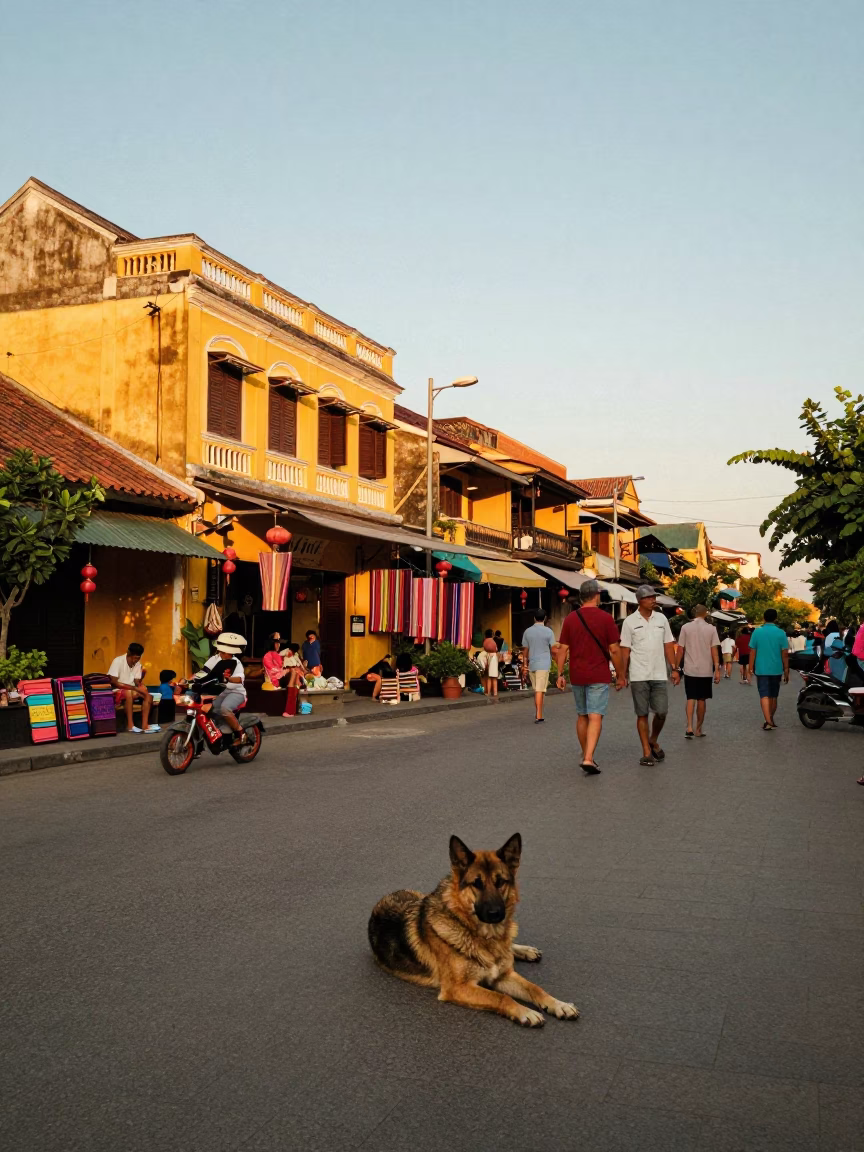 Busy Sunset Street Scene in Hoi An Vietnam with Yellow Buildings and Local Life in in Hoi An, Vietnam
