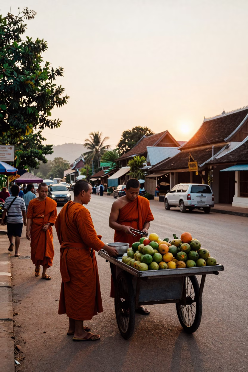 Busy Sunset Street Scene in Luang Prabang Laos with Monks and Local Market Activity in in Luang Prabang, Laos
