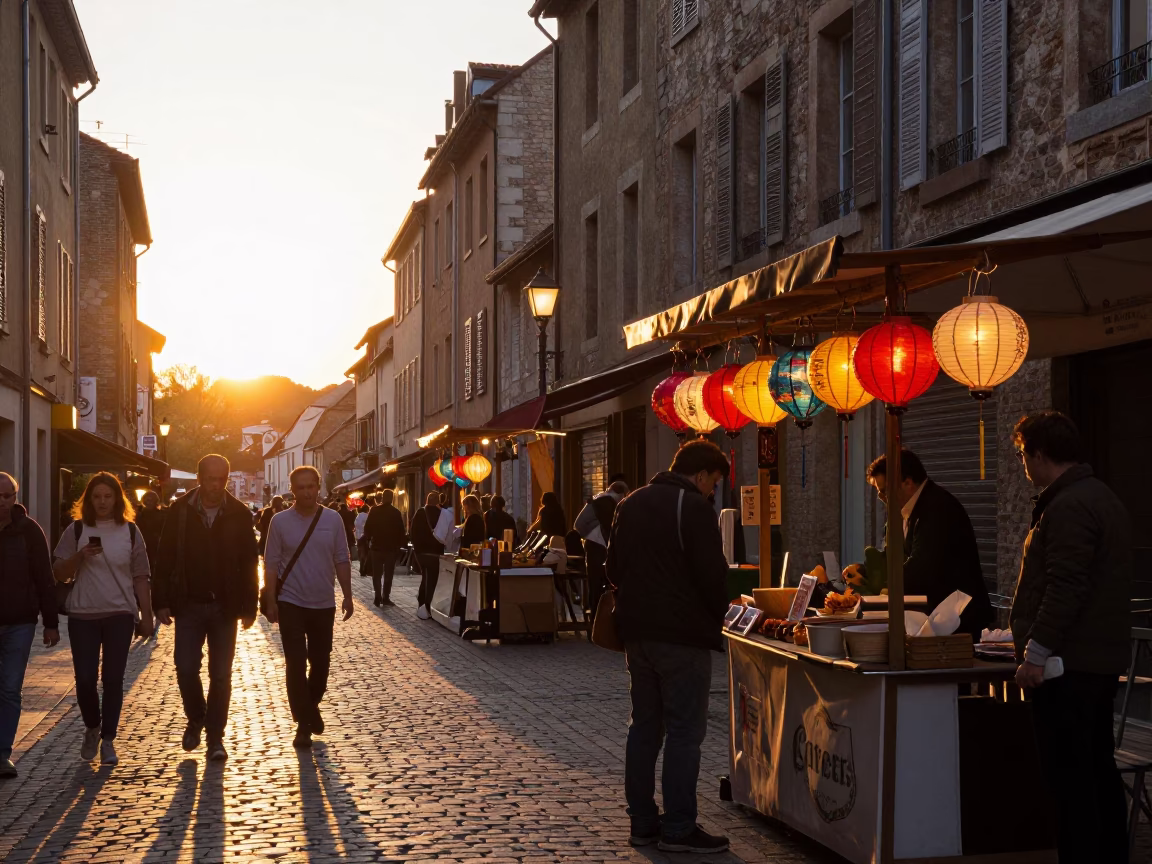 Busy Sunset Street Scene in Nice France with Paper Lanterns and Local Life in in Nice, France