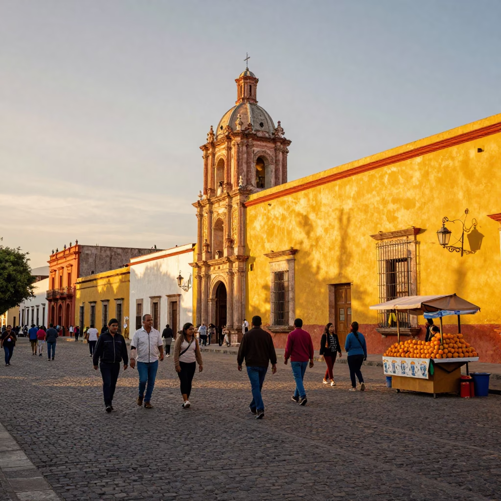 Busy Sunset Street Scene in Oaxaca Mexico with Colorful Colonial Architecture and Local Pedestrians in in Oaxaca, Mexico