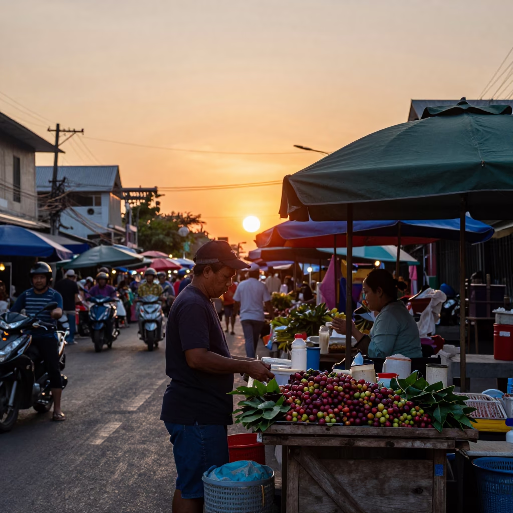 Busy Sunset Street Scene in Phuket Thailand with Local Vendors and Coffee Cherry Branch in in Phuket, Thailand