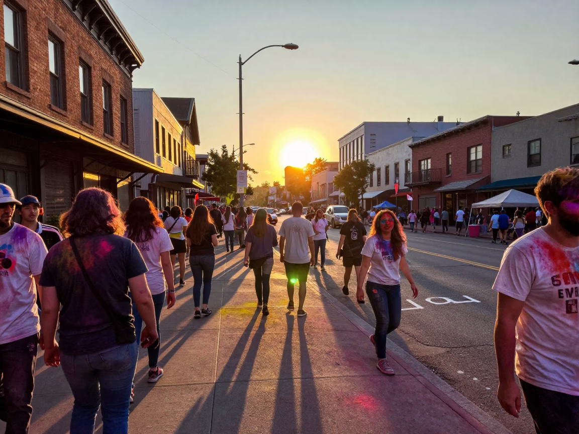 Busy Sunset Street Scene in Portland Oregon with Colorful Holi Festival Celebration in in Portland, Oregon, United States