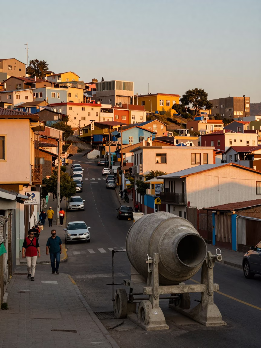 Busy Sunset Street Scene in Valparaiso Chile with Construction and Vintage Elements in in Valparaiso, Chile