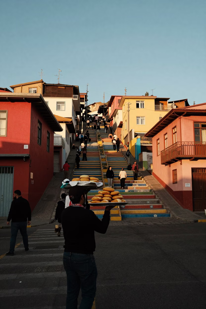 Busy Sunset Street Scene in Valparaiso Chile with Local Food and Urban Details in in Valparaiso, Chile