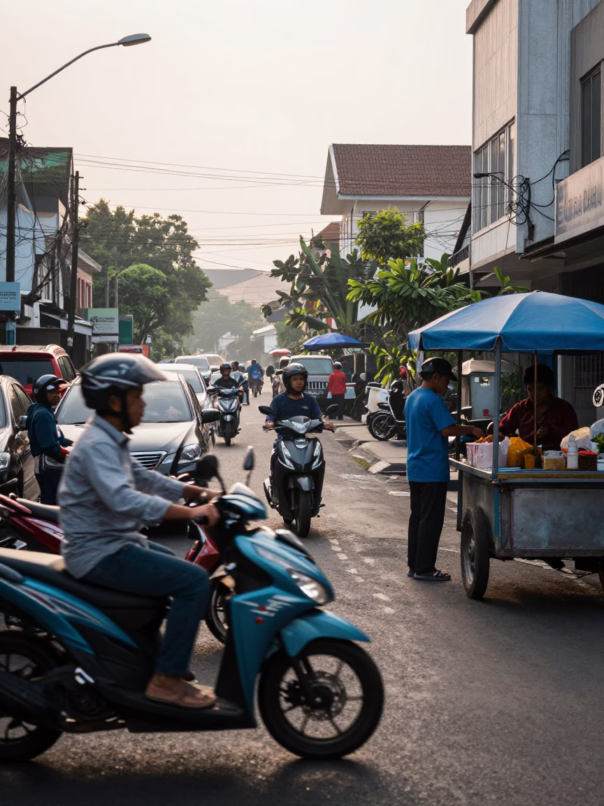 Busy Surabaya Indonesia Early Morning Street Scene with Scooter and Local Breakfast in in Surabaya, Indonesia