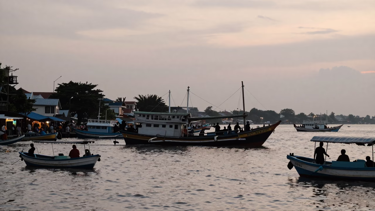 Busy Surabaya Indonesia Harbor at Early Evening with Traditional Junk Boat Docking in in Surabaya, Indonesia