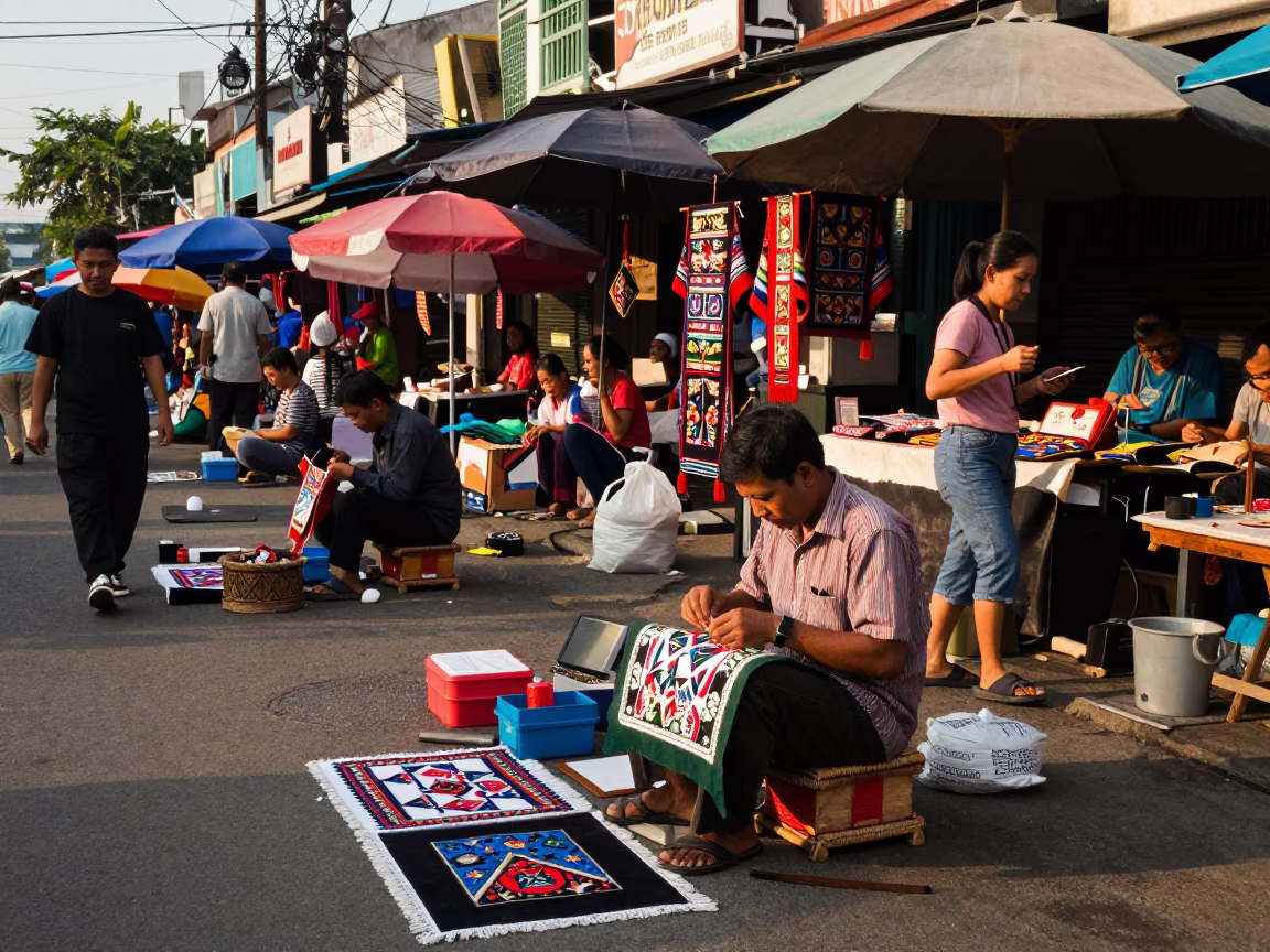 Busy Surabaya Indonesia Late Afternoon Street Scene with Local Artisan and Vintage Details in in Surabaya, Indonesia