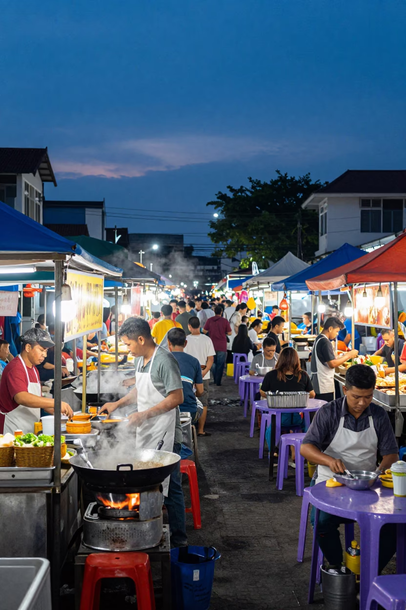Busy Surabaya Indonesia Night Market Food Court Indigo Twilight Street Scene in in Surabaya, Indonesia