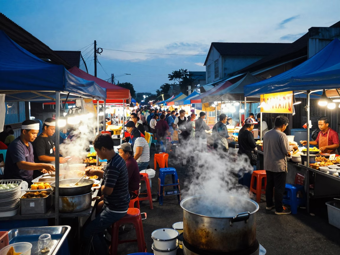 Busy Surabaya Indonesia Night Market Food Court Street Scene at Nautical Dawn in in Surabaya, Indonesia