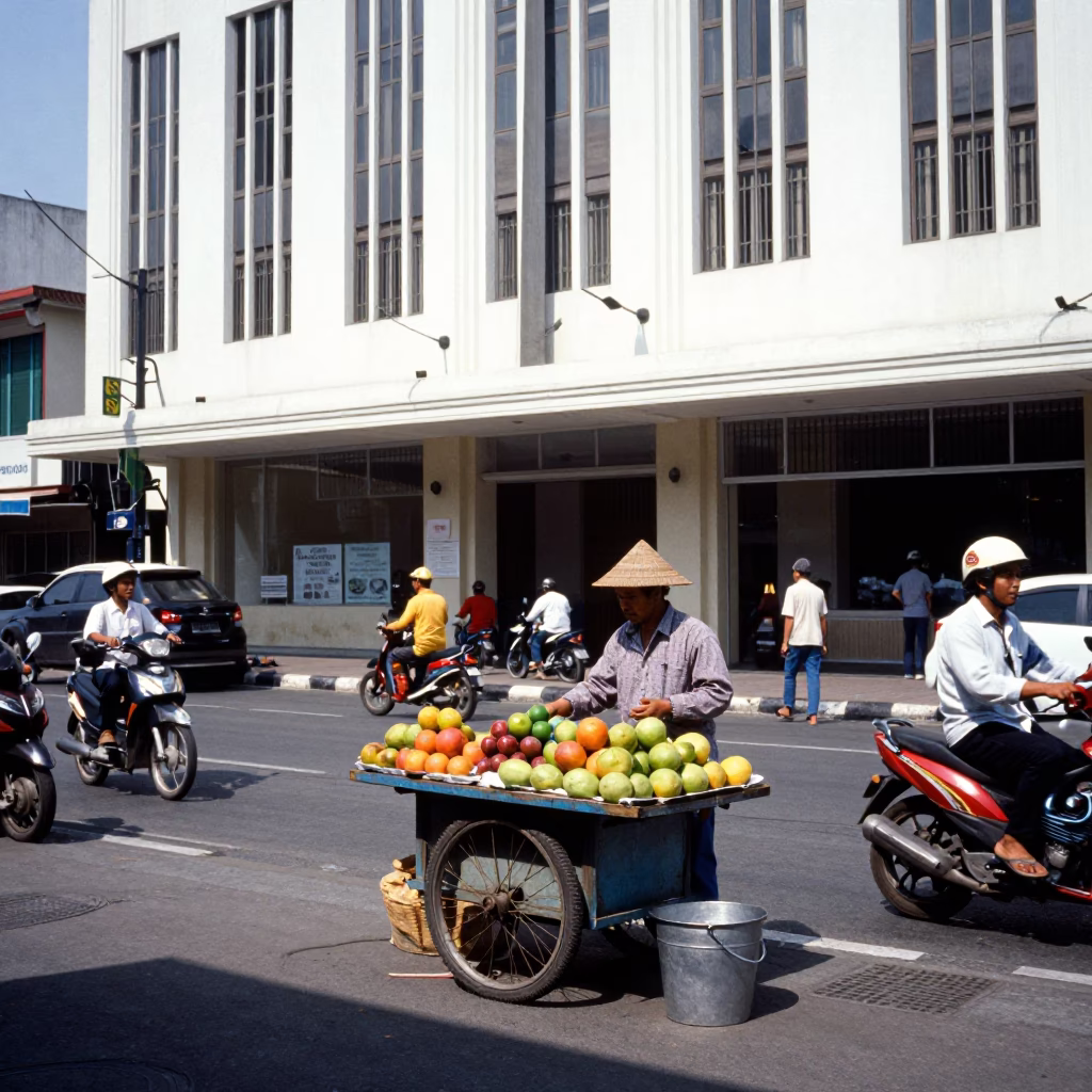 Busy Surabaya Indonesia Street Scene Midday with Art Deco Hotel Facade and Local Commerce in in Surabaya, Indonesia