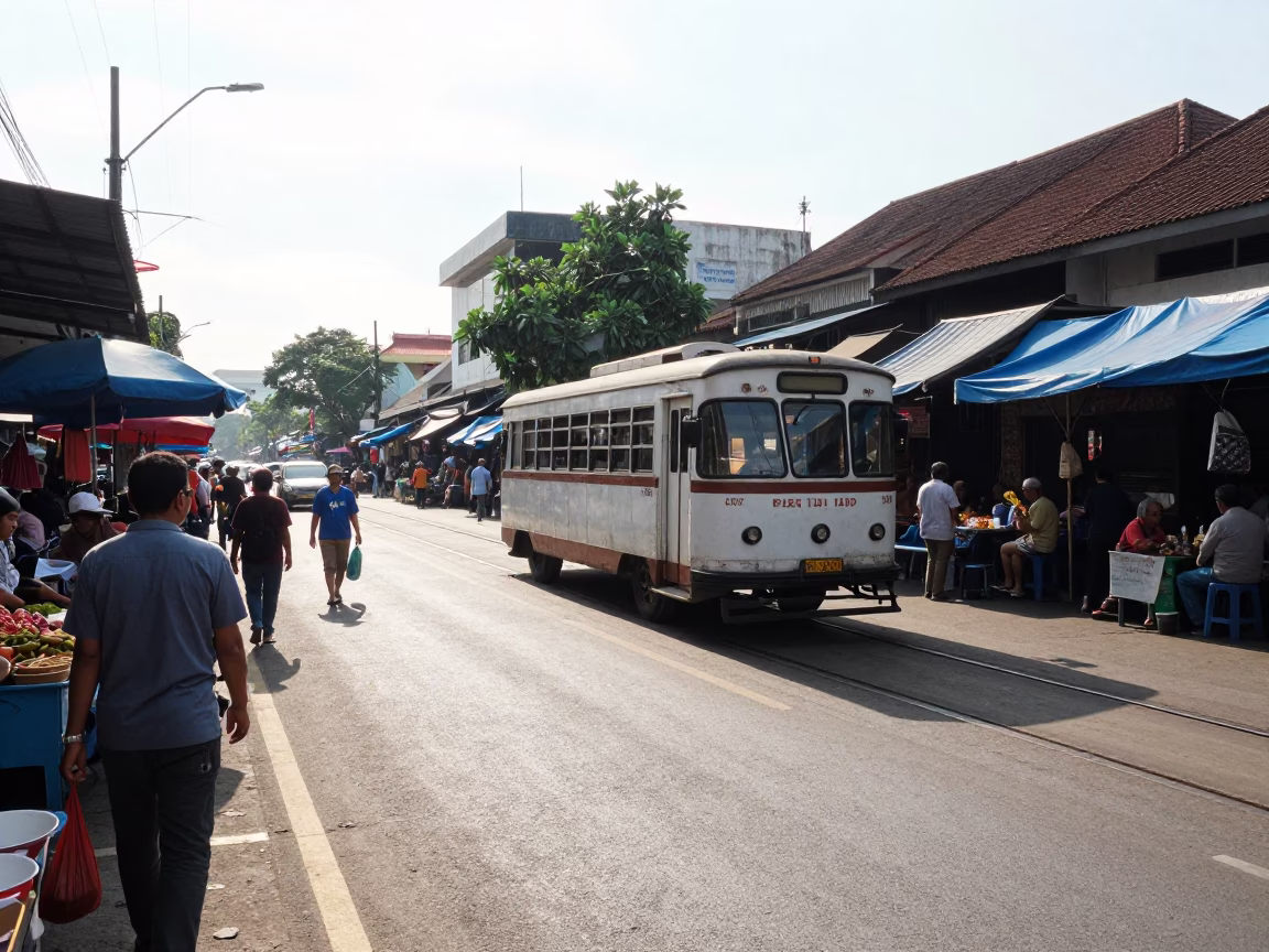 Busy Surabaya Indonesia Street Scene Midmorning Light with Local Market Activity and Vintage Transportation in in Surabaya, Indonesia