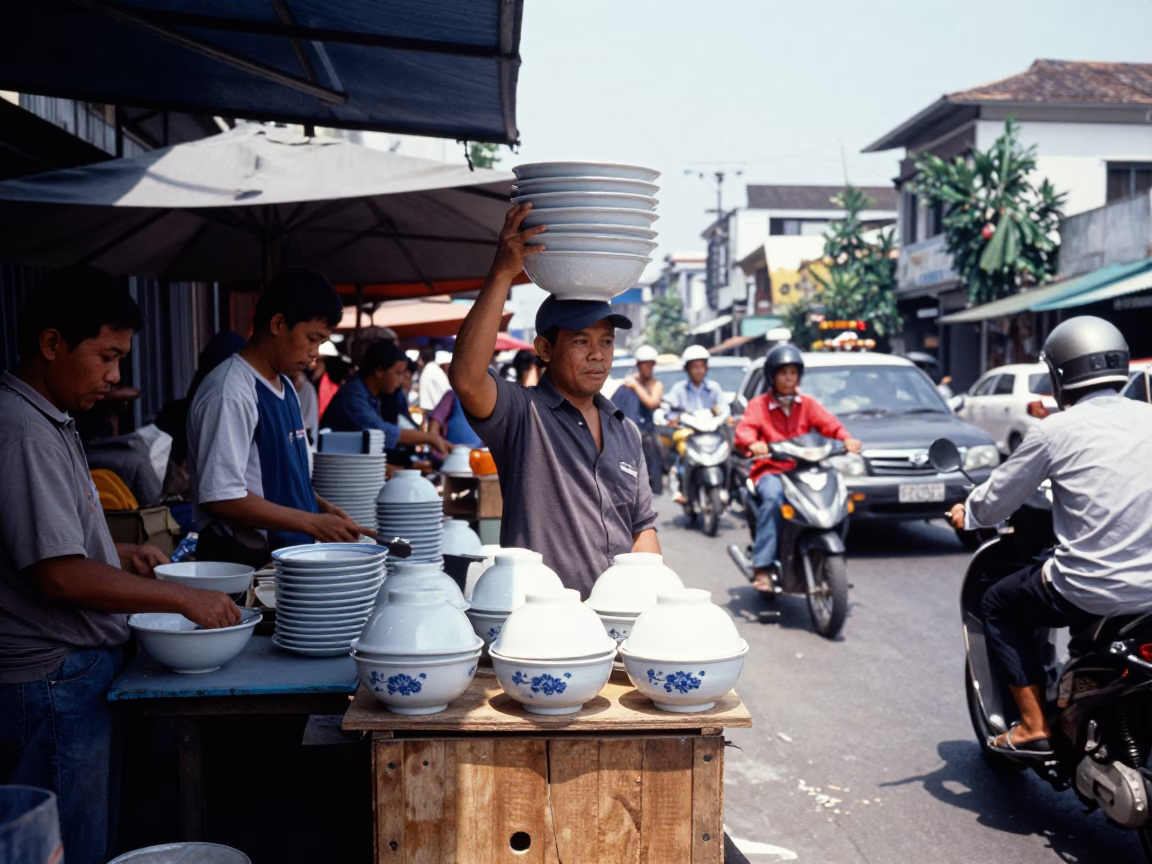 Busy Surabaya Indonesia Street Scene Under Flat Noon Glare with Blue White Porcelain Bowl in in Surabaya, Indonesia