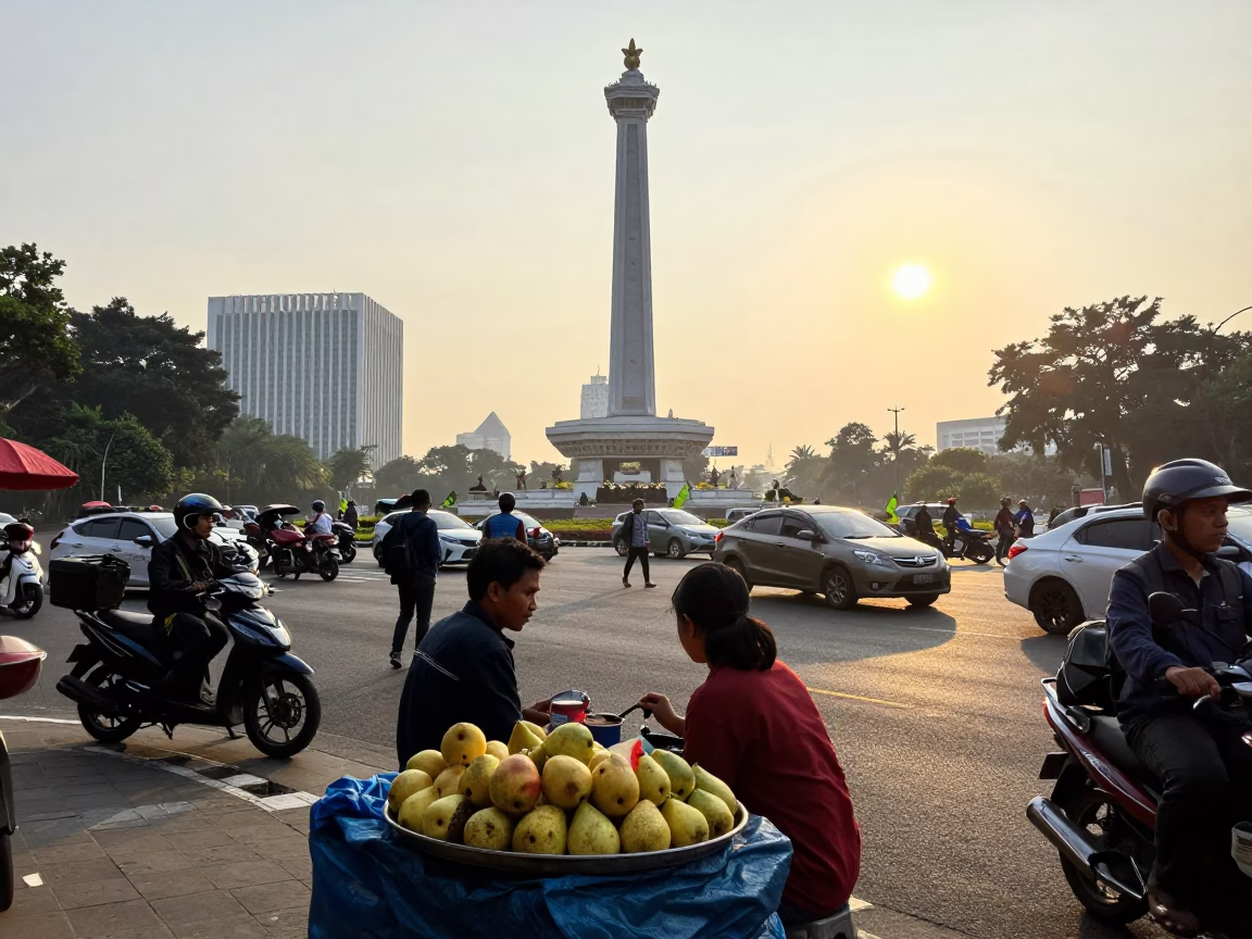 Busy Surabaya Morning Street Scene with Vendor and Pears at Sunrise in in Surabaya, Indonesia