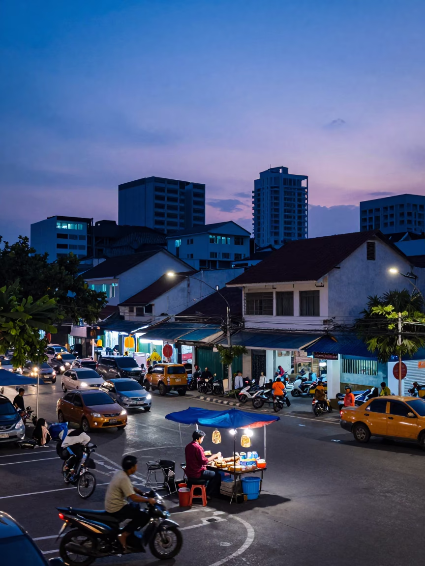 Busy Surabaya Street Corner at Dusk with Local Vendor and Vintage Motorcycle in in Surabaya, Indonesia