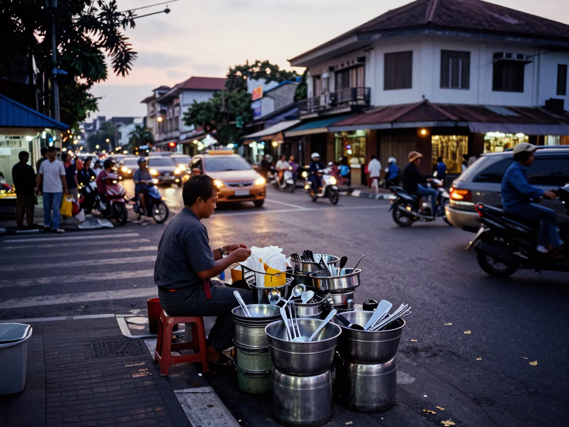 Busy Surabaya Street Corner at Dusk with Vendor Utensils and Local Life in in Surabaya, Indonesia