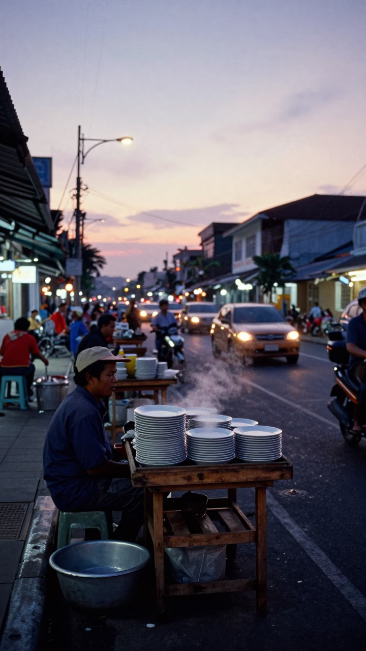 Busy Surabaya Street Corner at Nautical Dawn with Wooden Tray and Folding Tables in in Surabaya, Indonesia