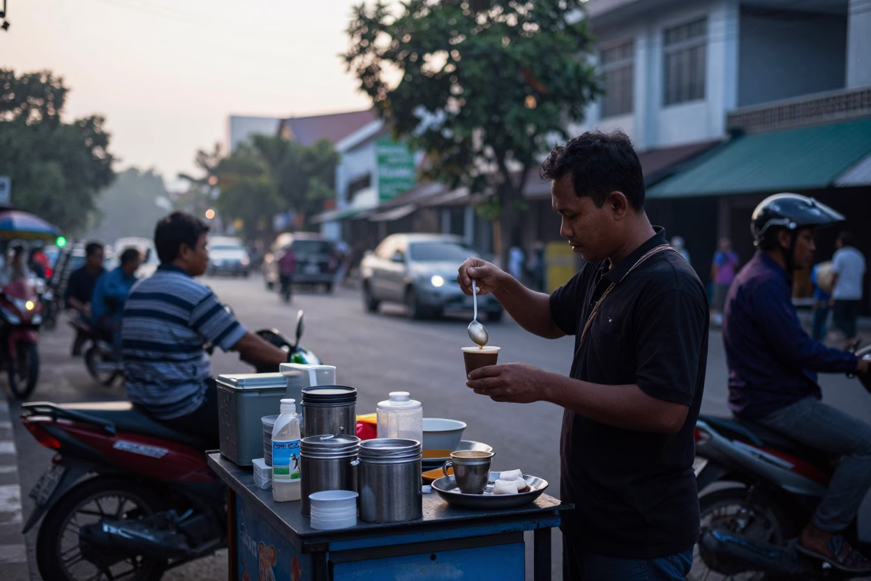 Busy Surabaya street corner before sunrise with coffee vendor and brass fixtures in in Surabaya, Indonesia