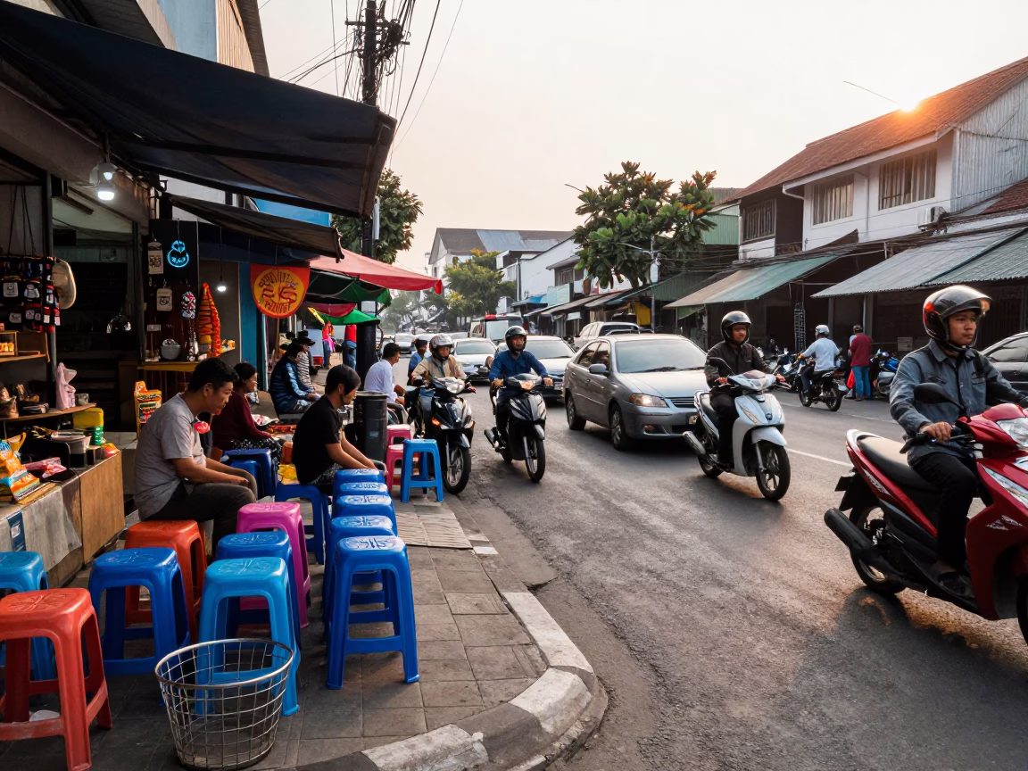 Busy Surabaya Street Corner Late Morning Traffic and Local Shop Fronts in in Surabaya, Indonesia