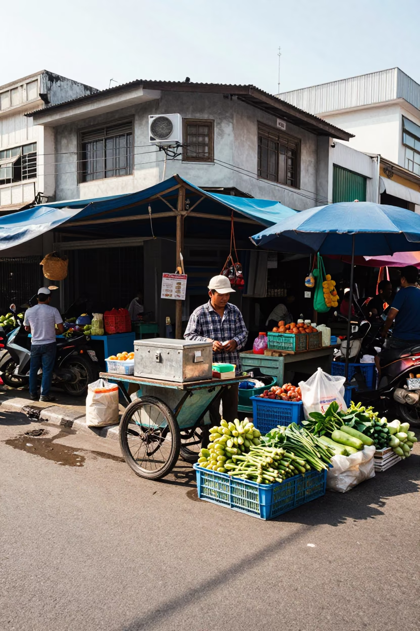 Busy Surabaya Street Corner Midmorning Light Local Market Scene in in Surabaya, Indonesia