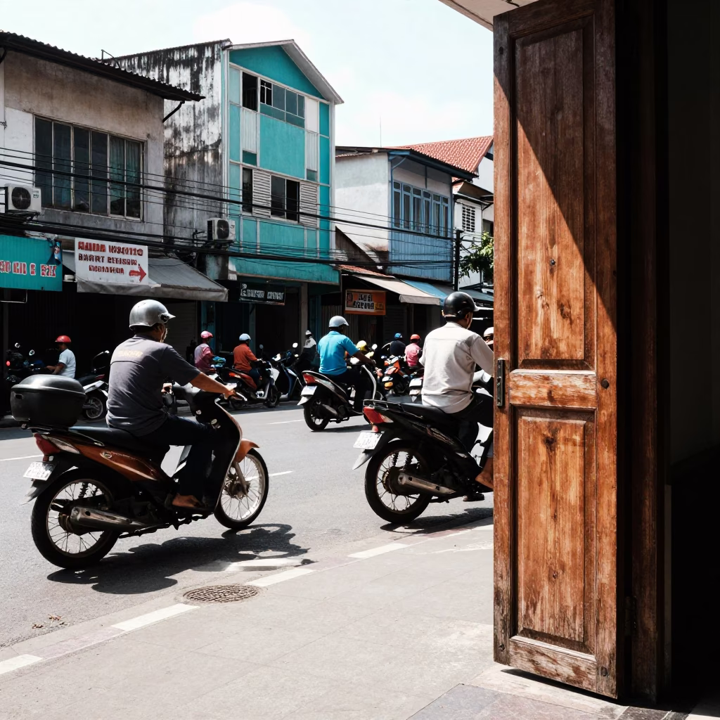 Busy Surabaya Street Corner Noon Light with Doorframe and Local Activity in in Surabaya, Indonesia