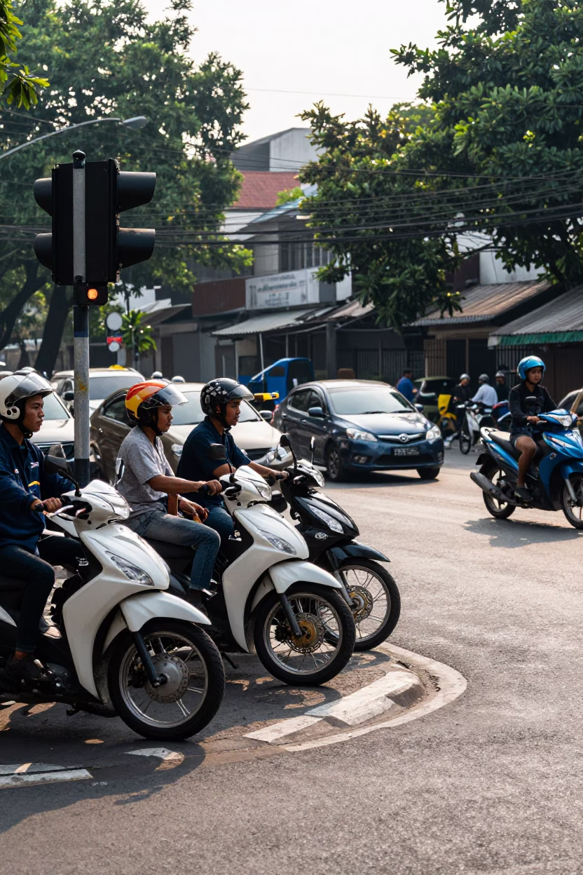 Busy Surabaya Street Corner with Motorcycles and Local Traffic in Late Morning Light in in Surabaya, Indonesia