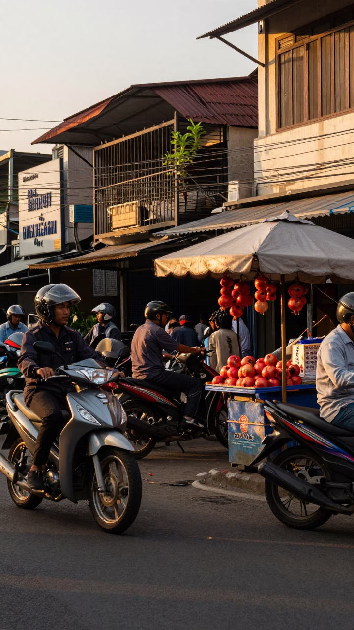 Busy Surabaya Street Corner with Motorcycles and Pomegranate Vendor in Evening Light in in Surabaya, Indonesia