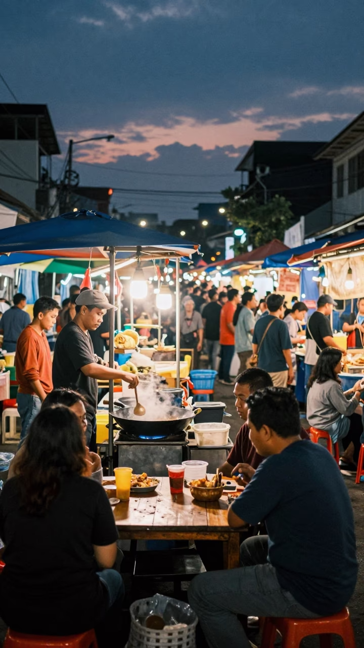 Busy Surabaya Street Food Stall at Dusk with Clay Teapot and Khao Soi Bowl in in Surabaya, Indonesia