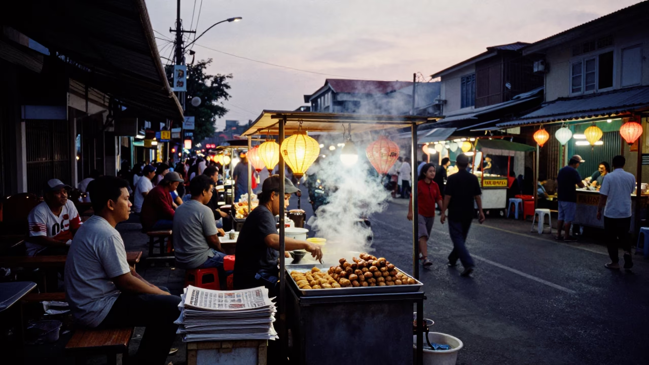 Busy Surabaya Street Food Stall at Dusk with Lanterns and Kofte in in Surabaya, Indonesia
