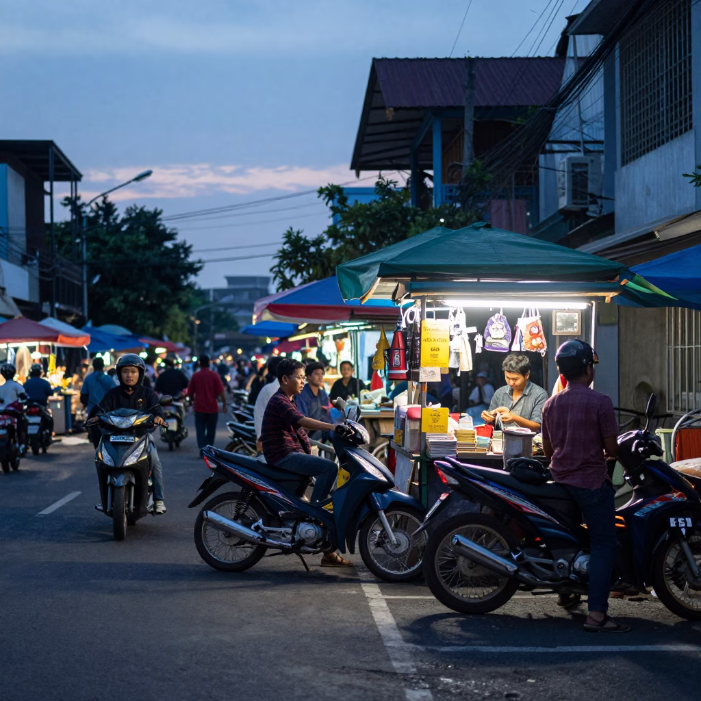 Busy Surabaya Street Market at Dawn with Motorcycle and Local Commerce in in Surabaya, Indonesia