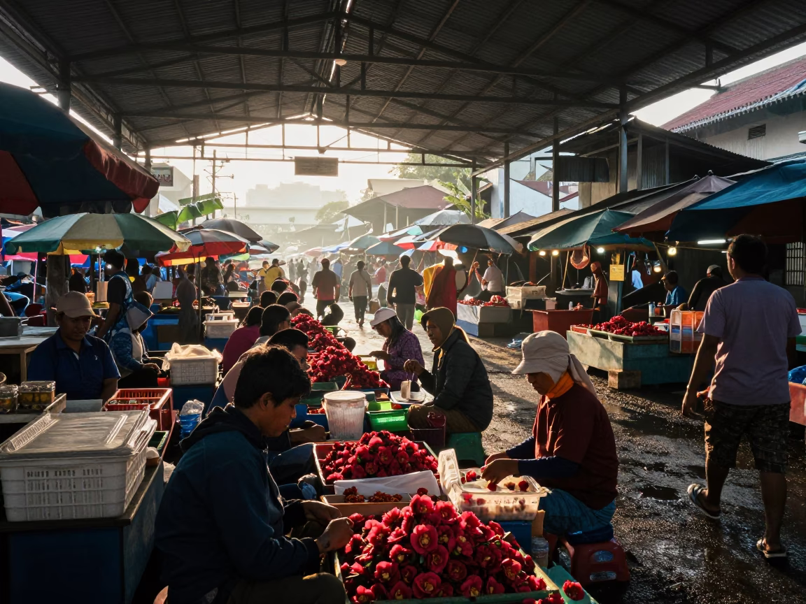 Busy Surabaya Street Market at Dawn with Red Camellia Flowers and Local Morning Activity in in Surabaya, Indonesia