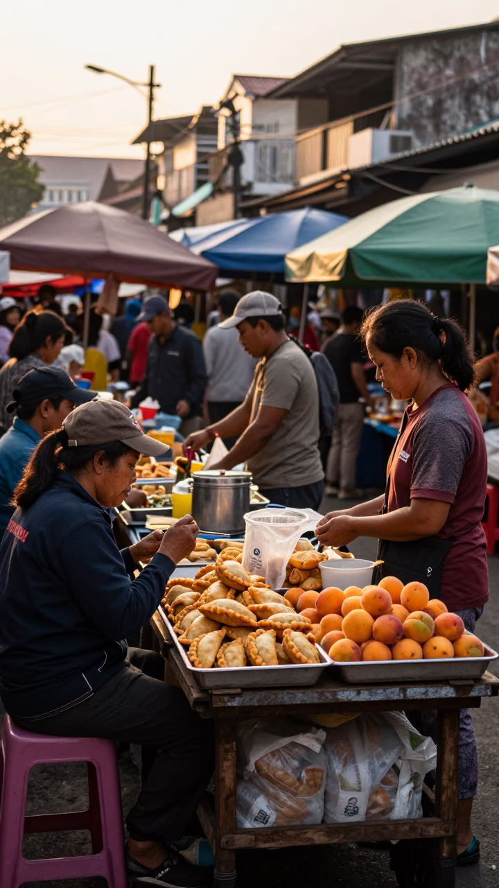 Busy Surabaya Street Market at Golden Hour with Local Food and Daily Life in in Surabaya, Indonesia
