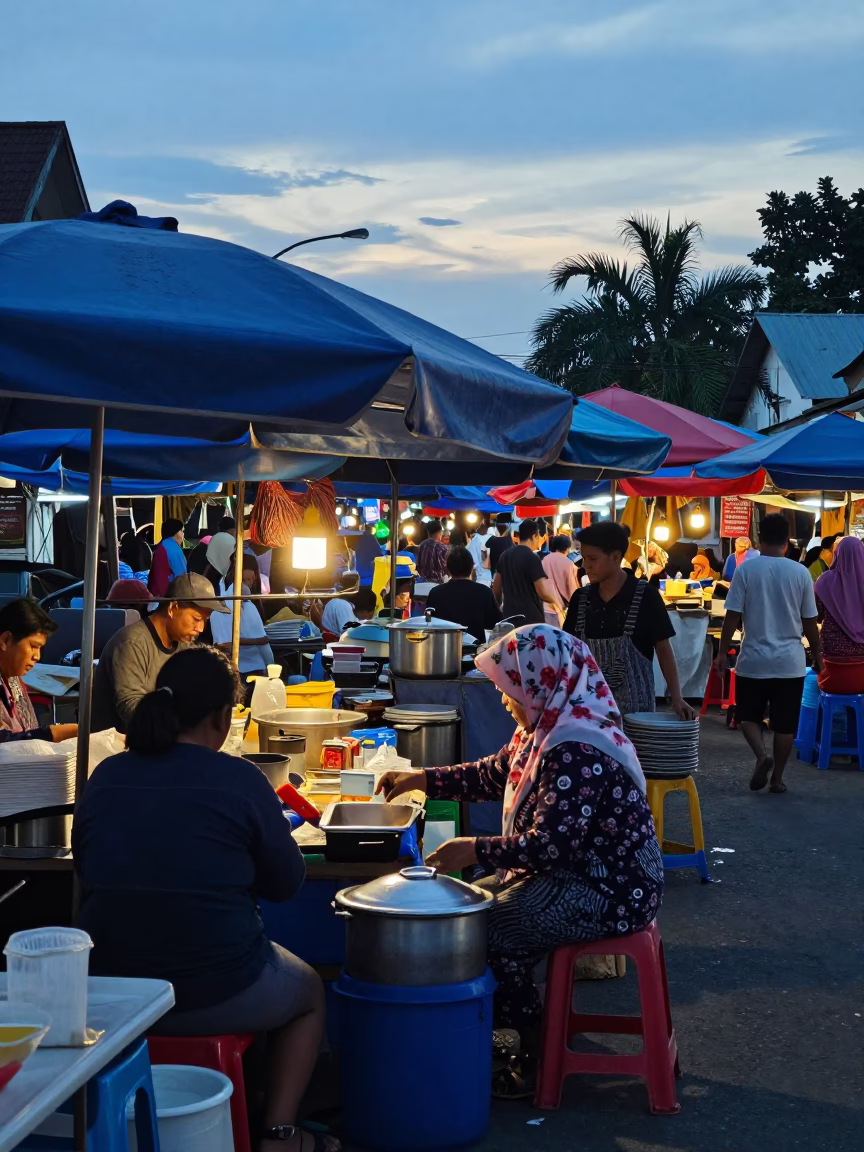 Busy Surabaya Street Market at Nautical Dawn with Local Vendors and Traditional Food in in Surabaya, Indonesia