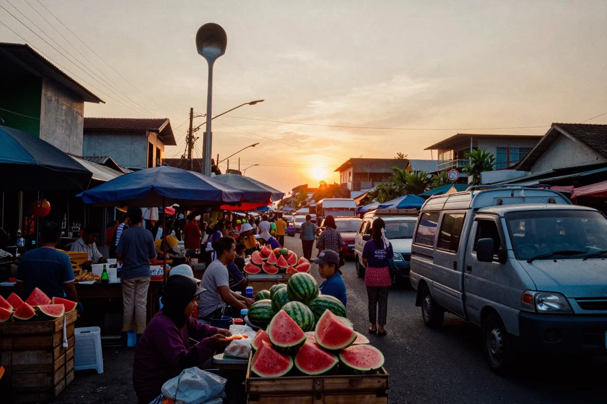 Busy Surabaya Street Market at Sunset with Ladle and Watermelon Truck in in Surabaya, Indonesia