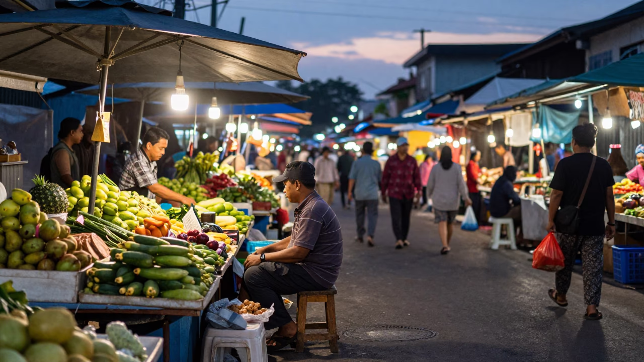 Busy Surabaya Street Market at Twilight with Wooden Stool and Coiled Rope in in Surabaya, Indonesia