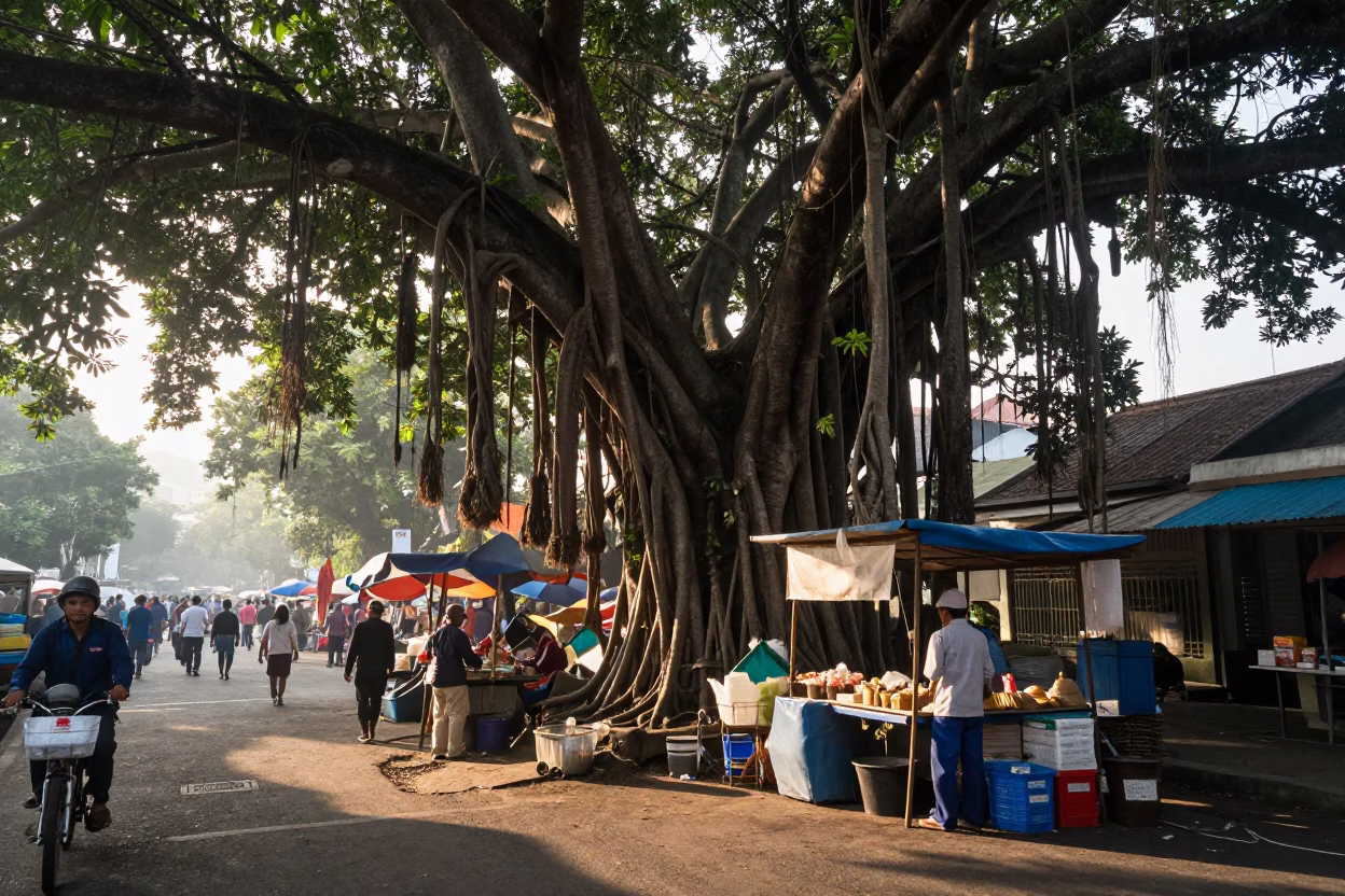 Busy Surabaya Street Market Early Morning with Banyan Tree and Local Commerce in in Surabaya, Indonesia