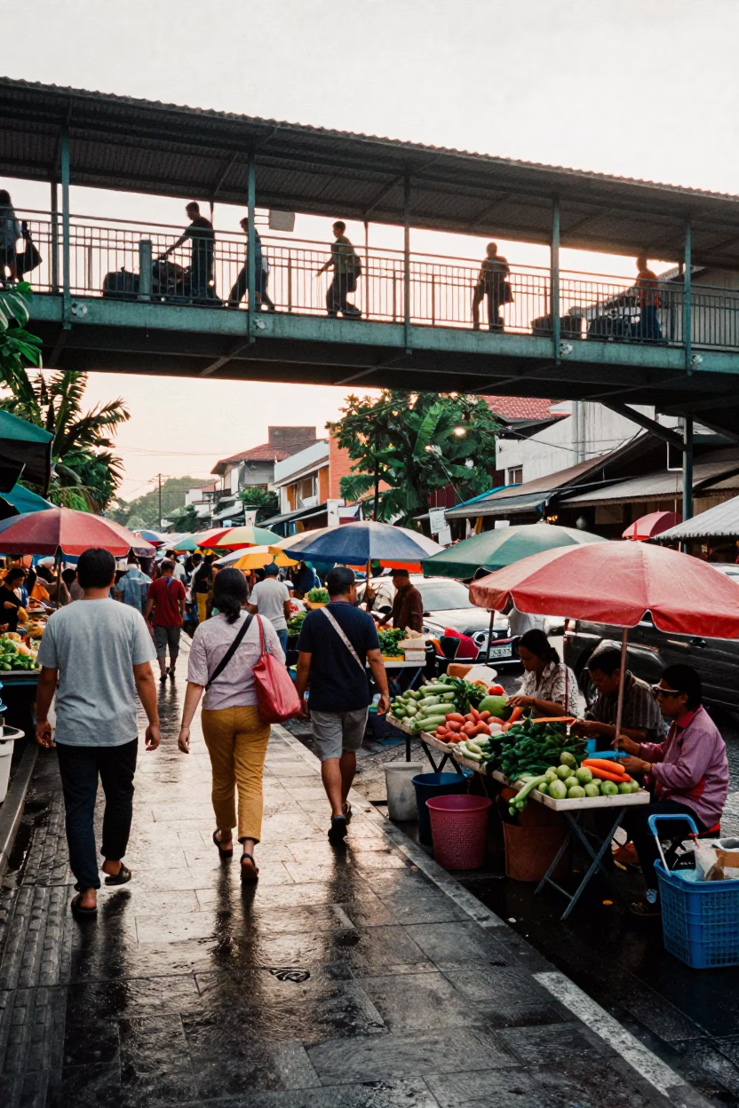 Busy Surabaya Street Market Late Afternoon Pedestrian Overpass and Local Commerce in in Surabaya, Indonesia