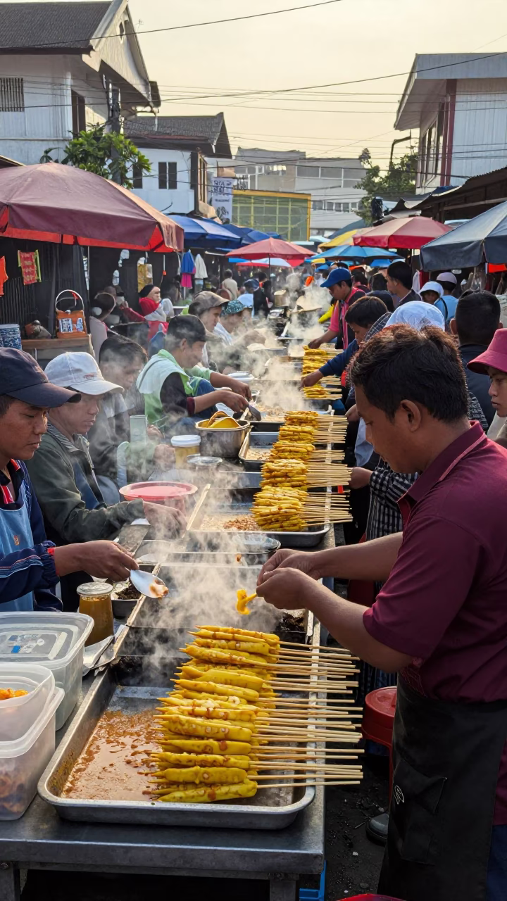 Busy Surabaya Street Market Late Morning with Satay Skewers and Tropical Orchids in in Surabaya, Indonesia